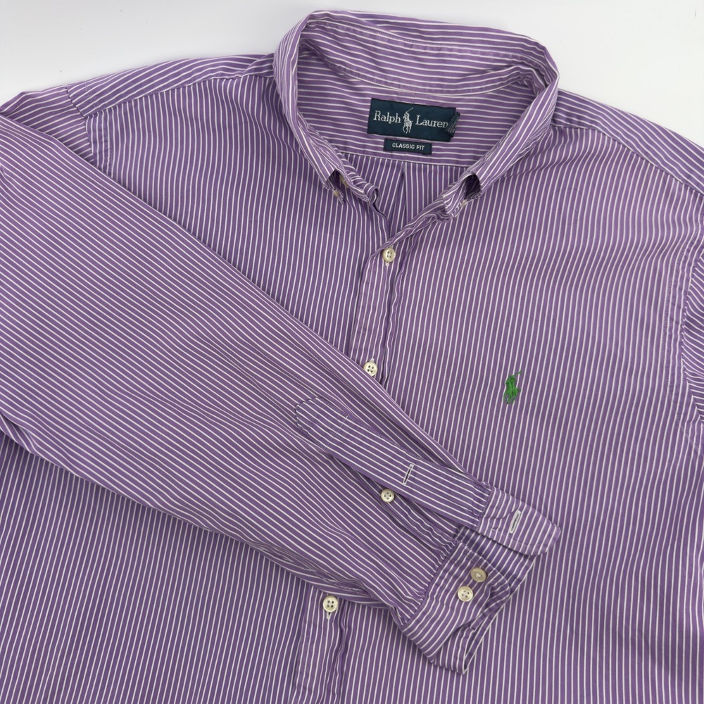 Ralph Lauren Classic Fit Mens Shirt Purple White Stripe 16.5 32/33 Cotton Pony